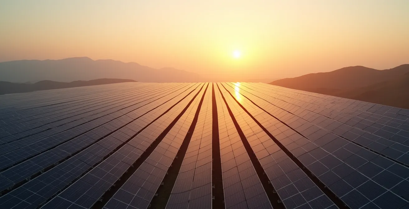 Vue aérienne minimaliste d'un parc photovoltaïque moderne